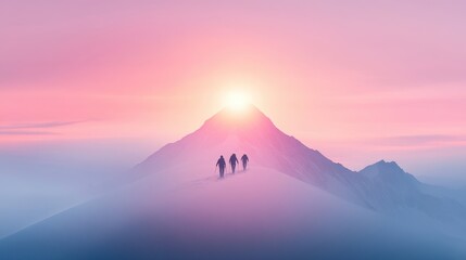 Three people are hiking up a mountain, with the sun setting in the background. The sky is a beautiful pink color, creating a serene and peaceful atmosphere