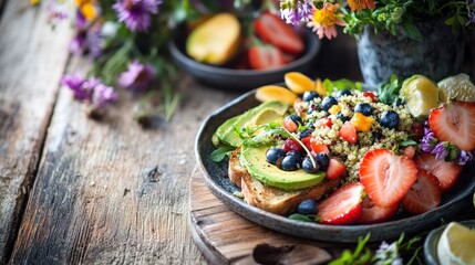 A beautifully arranged summer brunch featuring a colorful salad with quinoa, fresh strawberries, blueberries, and creamy avocado on toasted bread, surrounded by blooms