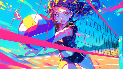 a girl playing volleyball, anime style, cute kawaii, simple, smiling happy, neon psychedelic background