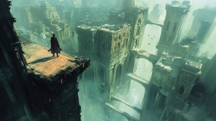 A Solitary Figure Stands on a Crumbling City Edge