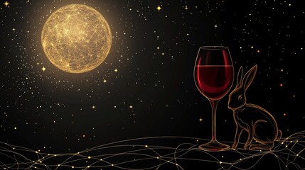 A rabbit is admiring and under the moon with red wine glass beside for mid-autumn festival concept.