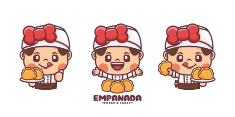 female chef cartoon mascot with empanada