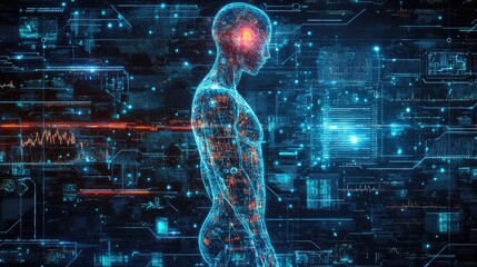 Digital human figure with glowing circuits. It represents the convergence of technology and humanity.