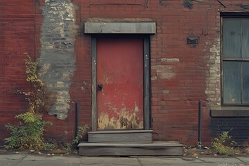 Weathered Red Door on Rustic Brick Wall with Wooden Steps and Overgrown Plants in Urban Setting