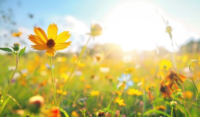 Fototapeta premium Colorful Flower Meadow with Sunbeams and Blue Sky, Bokeh Lights in Summer - Nature Background Banner with Copy Space for Summer Greeting Card