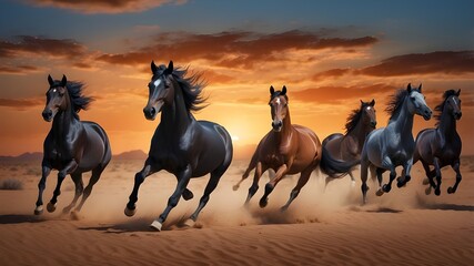 Naklejka premium Arabian horses running freely in a breathtaking desert sunset with a black backdrop featuring a spiral design in shades of blue and orange