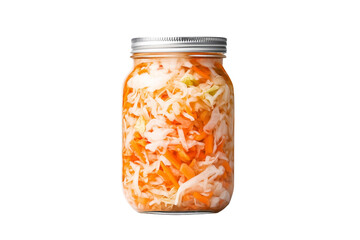 Jar filled with colorful pickled vegetables including cabbage, carrots, and peppers isolated on a white background