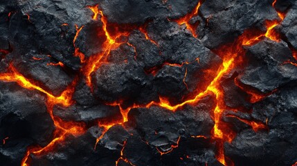 Molten lava cracks through rock. This image is ideal for illustrating geological concepts, depicting volcanic landscapes, or adding a fiery element to designs.