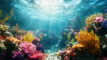 Fototapeta premium Underwater View of Colorful Coral Reef in Sunlight