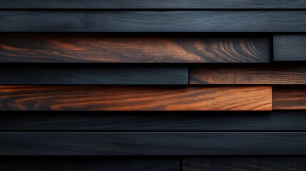 A close-up of a dark background featuring an abstract arrangement of wooden slats with different depths, highlighting the texture and design elements 