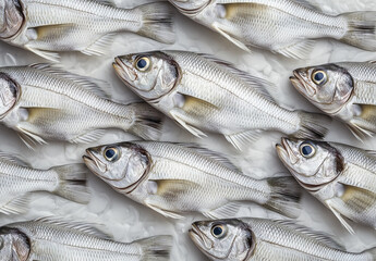 Fototapeta premium A pattern of many sea bass fish arranged on top of each other, displayed at the market stand, white bckground