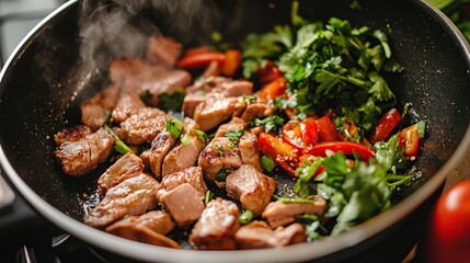 Cooking ingredients for a stir-fry, including sliced meats and vegetables in a pan.