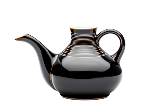 A sleek black teapot of soy sauce with a red cap isolated on a white transparent background. Condiment concept