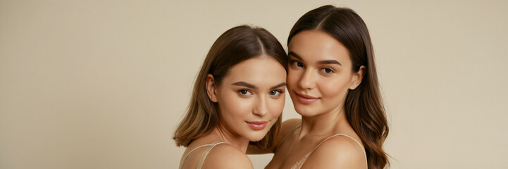 Fototapeta premium Every body is beautiful no retouch photo of attractive multinational girls support woman self judge isolated ptwo, woman, beauty, girls, couple, people, love, friends, face, frieastel color background