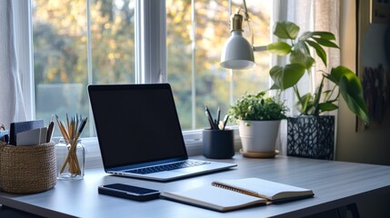 Fototapeta premium Capture a clean, modern desk with a laptop, notebook, and stylish dÃ©cor. Natural lighting from a window can enhance the scene. --ar 16:9 --v 6.1 Job ID: 82031634-f5d5-4c27-9b68-480356bf153a
