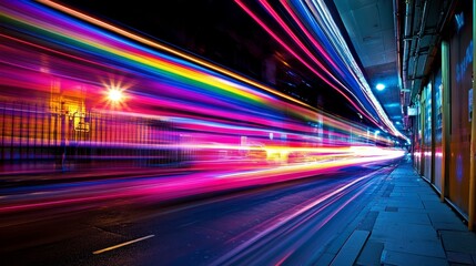 Obraz premium Use long exposure to capture colorful light trails from moving vehicles or city lights, creating a dynamic, futuristic feel. --ar 16:9 --v 6.1 Job ID: 737935bd-2842-4be4-8242-b3ca06a2e441