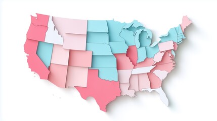 United States map with individual states as colorful 3D blocks, modern infographic design. Pastel pink and blue color scheme highlighting geographical divisions, perfect for data visualization