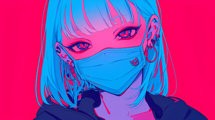 Naklejka premium a girl wearing a mask, anime style, cute kawaii, simple, smiling happy, neon psychedelic background