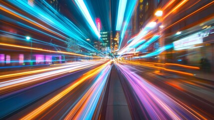 Fototapeta premium Use long exposure to capture colorful light trails from moving vehicles or city lights, creating a dynamic, futuristic feel. --ar 16:9 --v 6.1 Job ID: 737935bd-2842-4be4-8242-b3ca06a2e441