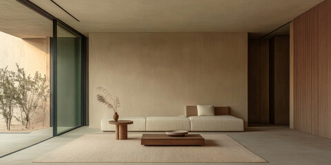 Mediterranean luxury villa in contemporary style with earthy tones and minimalist geometrical spaces. Premium Real Estate conceptual image.