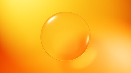 オレンジ色と黄色のグラデーション背景に浮かぶ水の球体。3D（横長）