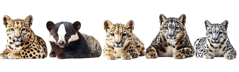 Obraz premium Close-Up Collection of Tapir, Honey Badger, Wild Dog, Serval Cat, and Snow Leopard on White Background