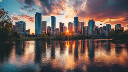 Fototapeta premium A panoramic view of a city's skyline during golden hour, with warm light reflecting off the buildings and water. --ar 16:9 --v 6.1 Job ID: 97da5981-ba61-4284-9b01-c3e65e64e4b8