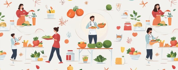Create a dynamic pattern showcasing a Dietitian with circle behind, involved in teaching nutrition classes and preparing balanced meals Illustrate both indoor and outdoor environments