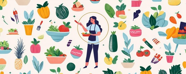 Create a dynamic pattern showcasing a Dietitian with circle behind, involved in teaching nutrition classes and preparing balanced meals Illustrate both indoor and outdoor environments