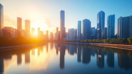 Fototapeta premium A panoramic view of a city's skyline during golden hour, with warm light reflecting off the buildings and water. --ar 16:9 --v 6.1 Job ID: 97da5981-ba61-4284-9b01-c3e65e64e4b8