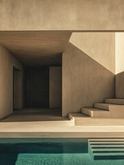 Mediterranean luxury villa in contemporary style with earthy tones and minimalist geometrical spaces. Premium Real Estate conceptual image.