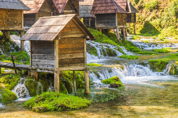 Old wooden mills Mlincici near Jajce on Plivsko Lake, Bosnia and Herzegovina