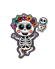 A cheerful skeleton with googly eyes wearing a flower crown, holding a small, round skeleton.