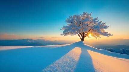 Lone tree silhouette on snowy hill at sunset, casting long shadow across pristine white landscape. Majestic winter scene with golden sunburst and vibrant blue sky, symbolizing solitude 