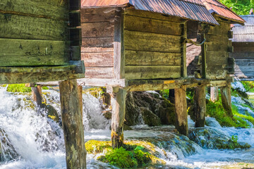 Old wooden mills Mlincici near Jajce on Plivsko Lake, Bosnia and Herzegovina