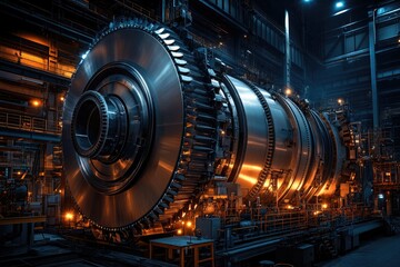 Obraz premium Industrial turbine in factory setting. Great for articles about engineering, manufacturing, or energy production.