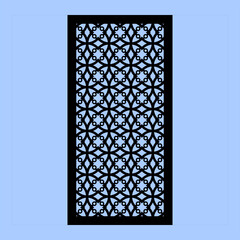 Collection of laser cut templates with modern abstract geometric panels. Template for cnc cutting of metal and wood. Aspect ratio 1:2. blue background.