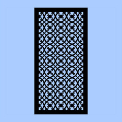 Collection of laser cut templates with modern abstract geometric panels. Template for cnc cutting of metal and wood. Aspect ratio 1:2. blue background.