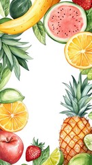 Watercolor frame fruits with Various type of fruits,Pineapple, watermelon,banana,orange, lime on white background. Hand painting on paper,set of fruit in watercolor style vector illustration.