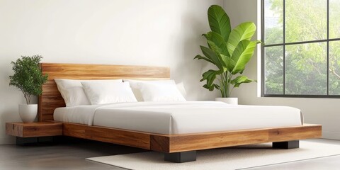 Minimalist bedroom with beige bed and wooden headboard