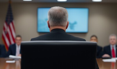 National security council meeting in high-tech boardroom, government officials discussing strategy, confidential briefing scene, political decision-making process