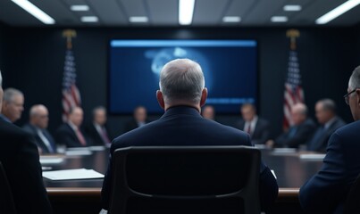 National security council meeting in high-tech boardroom, government officials discussing strategy, confidential briefing scene, political decision-making process