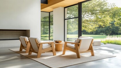 Minimalist living room with natural wood furniture