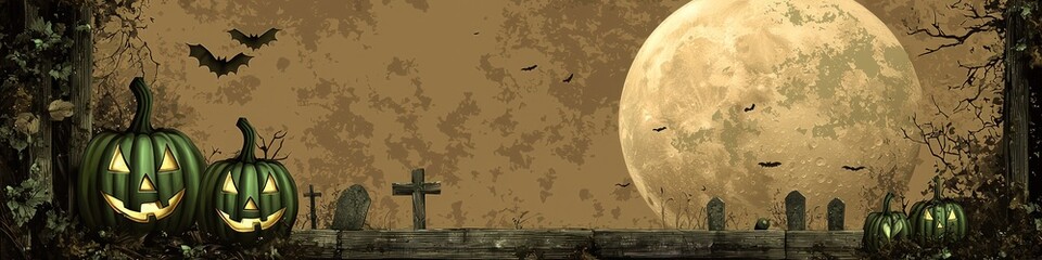 Haunting olive green pumpkins glow under a beige moon on Halloween night.