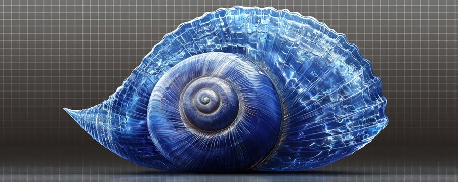 Centered view of a deep blue sea shell, subtle reflections on a clear background.