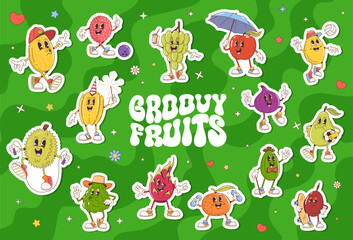 Retro groovy fruit characters stickers. Vector patches set with cartoon grapes, dragon fruit, and orange, pear, melon, lychee or carambola. Durian, papaya with playful expressions and accessories