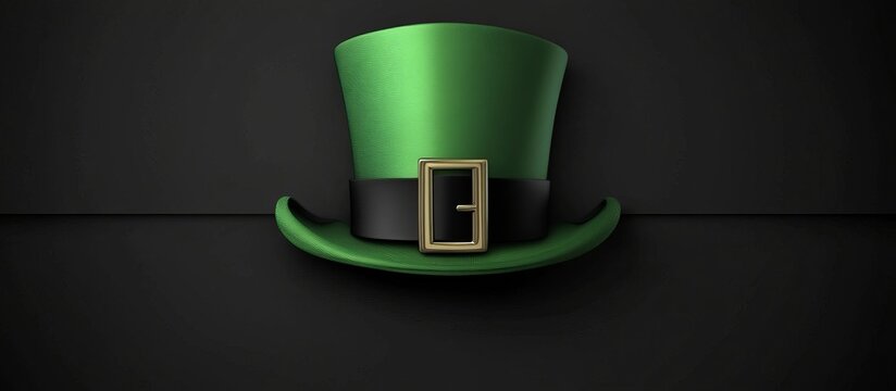 Green leprechaun hat with a black band and gold buckle is showcased against a dark backdrop, copyspace