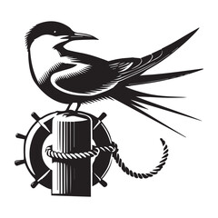 Naklejka premium Common Tern Silhouette, Sterna hirundo Bird Clipart - Common Tern standing with one leg Illustration in black and white