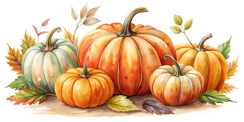 Autumn pumpkins, watercolor clipart illustration with isolated background