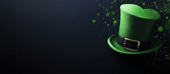 Leprechaun hat with black band and buckle floating on black background with green glitter for saint patrick's day celebration. Copy space.
